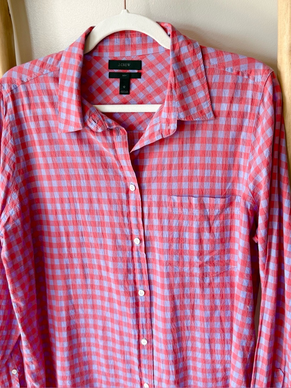 J Crew Women’s Classic Fit Boy Shirt in Crinkle Gingham Cotton Purple Pink 12 - Picture 2 of 8